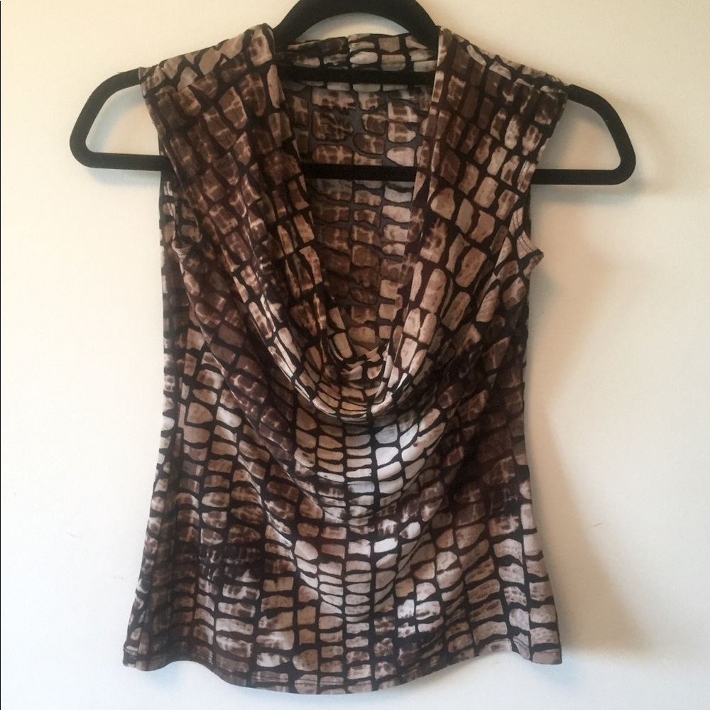 HKR Cowl Neck Top Geometric Print Brown Black